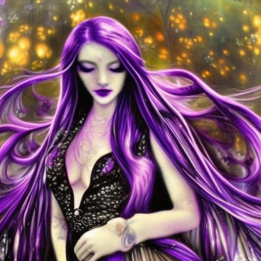 Ethereal gothic siren with long flowing purple hair with cobalt blue highlights& cobalt blue eyes& Black eyeshadow with ...