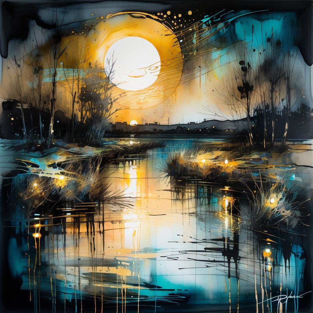 Golden Moonlit Riverscape in Ethereal Style