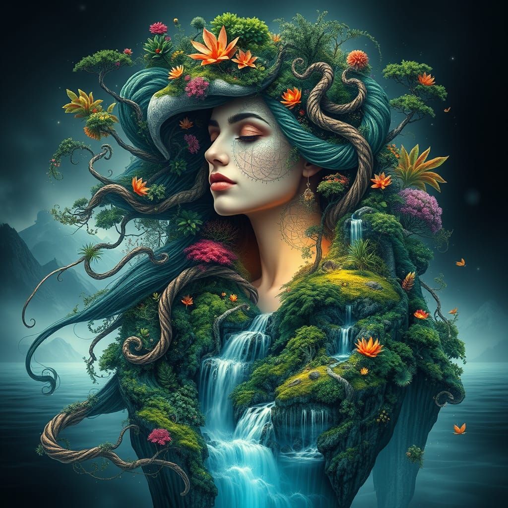 Mystical Water Goddess with Lush Island Hair in Gothic Fanta...