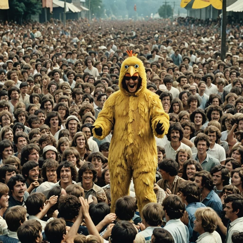 Woodstock Crowd Scene with Chicken Suit Man