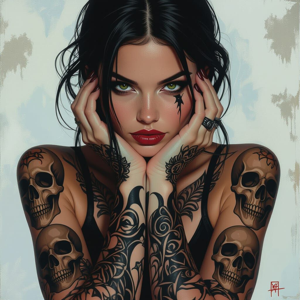 Skull Tattooed Woman in Biomechanical Dark Art Style