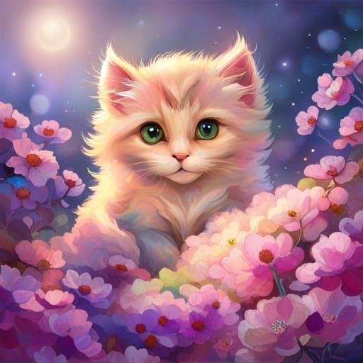 Pastel Kitten Creature in a Fantasy Forest