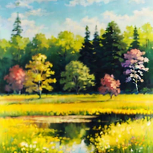 Idyllic Field Surrounded by Forest in Impressionist Style