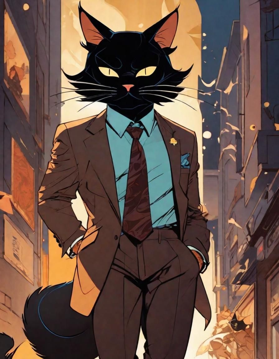 Elegant Anthropomorphic Cat in Suit as Ink Drawing