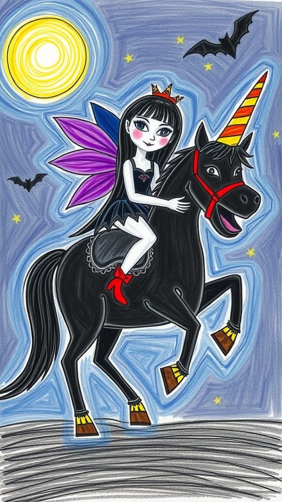 Vampire Fairy Rides Unicorn: Childlike Crayon Drawing
