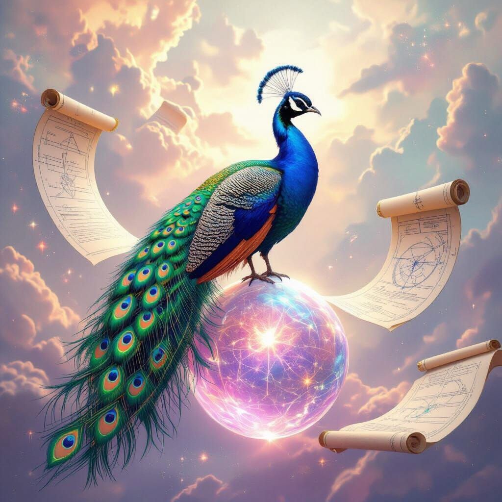 Peacock on Crystal Planetoid with Ancient Scrolls