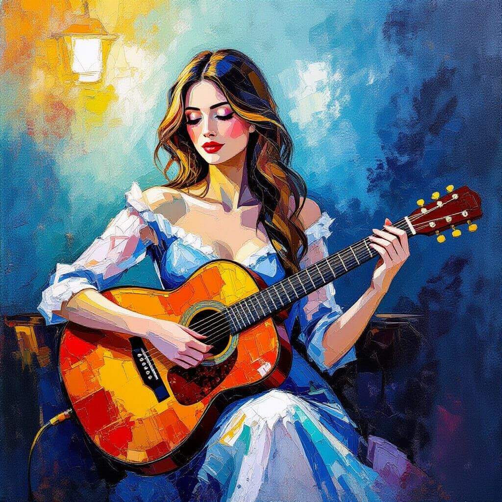 Woman-Bodied Guitar as Museum Masterpiece in Gouache Style