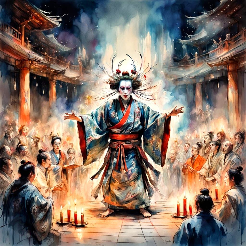 Dramatic Kabuki Performance in Watercolor Style