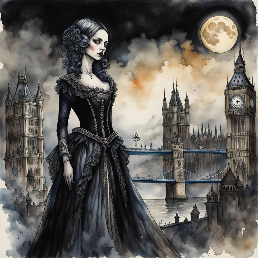 Vampire Princess in Eerie London Moonscape