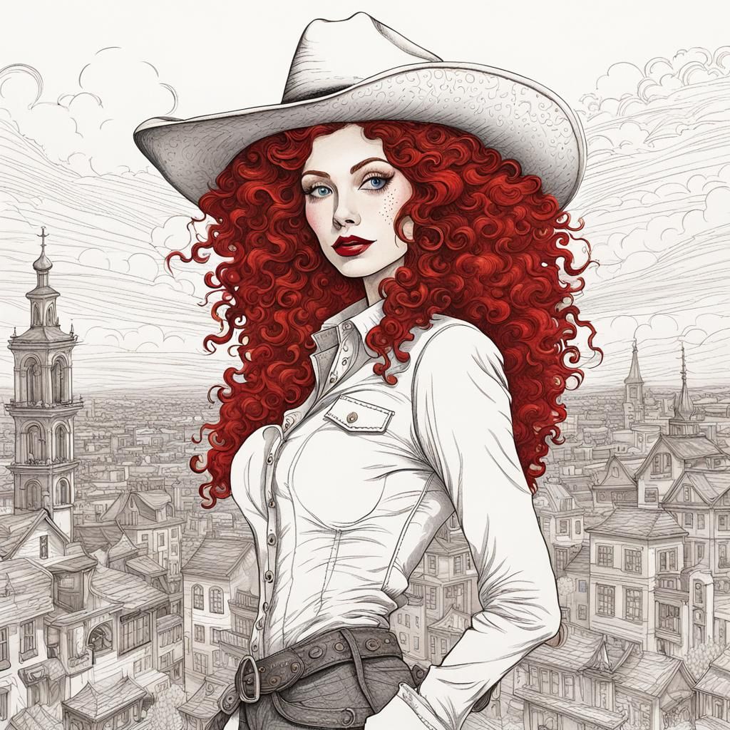 Redhead in White with Cowboy Hat: Whimsical Art