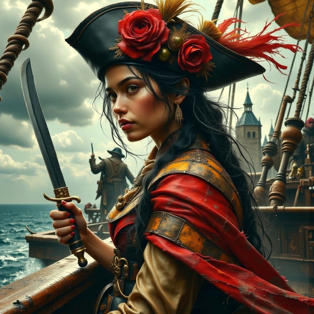 Vibrant Pirate Maiden at Sea in Hyperrealist Oil Painting St...