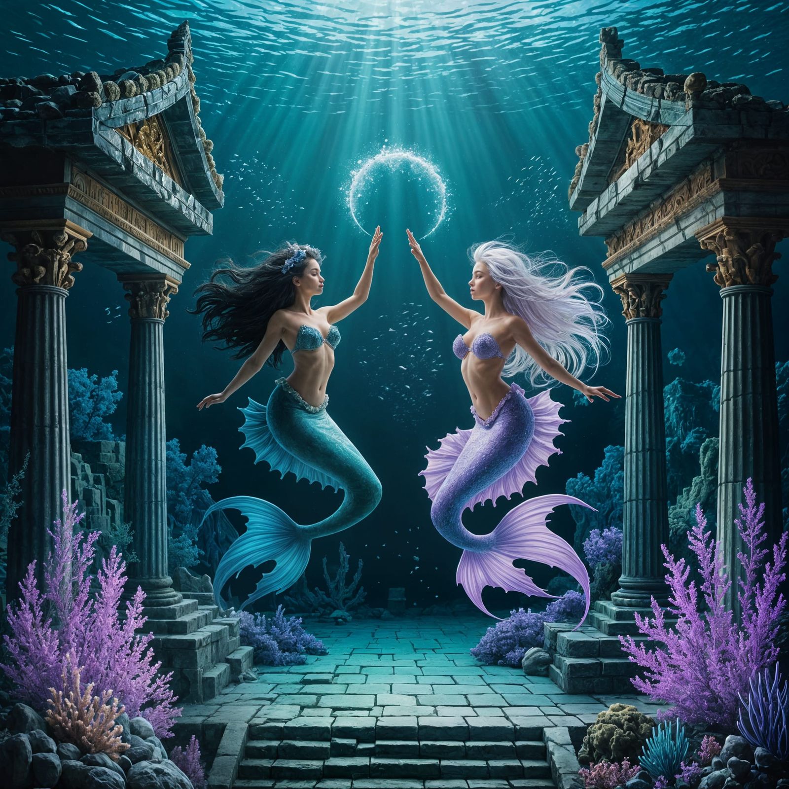 Surreal Mermaid Temple in Aquatic Hues