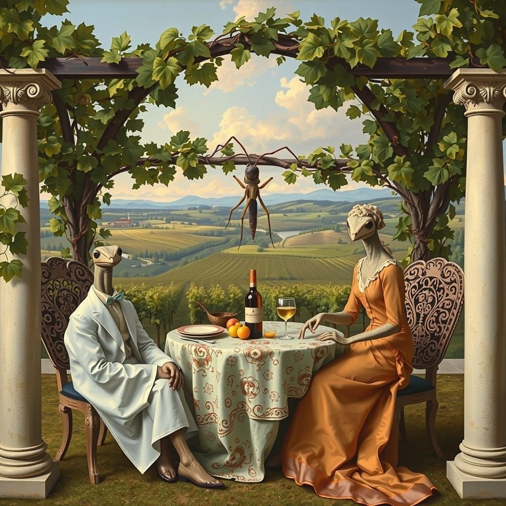 Elegant Mantis Family Picnic in a Vineyard