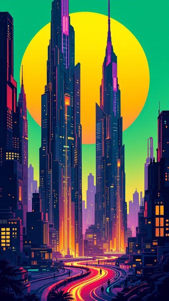 Retro-Futuristic Cityscape at Sunset in Syd Mead Style