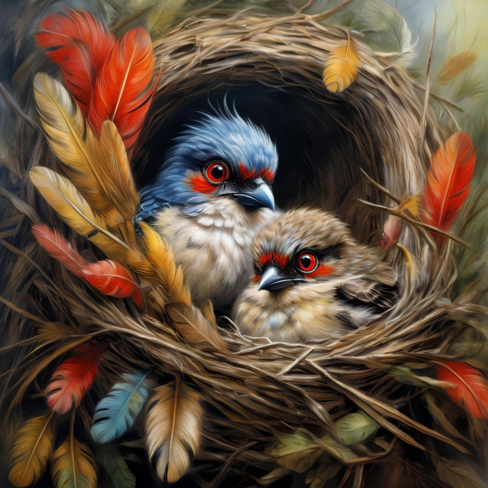 Colorful Bird in Nest, Oil Painting Style