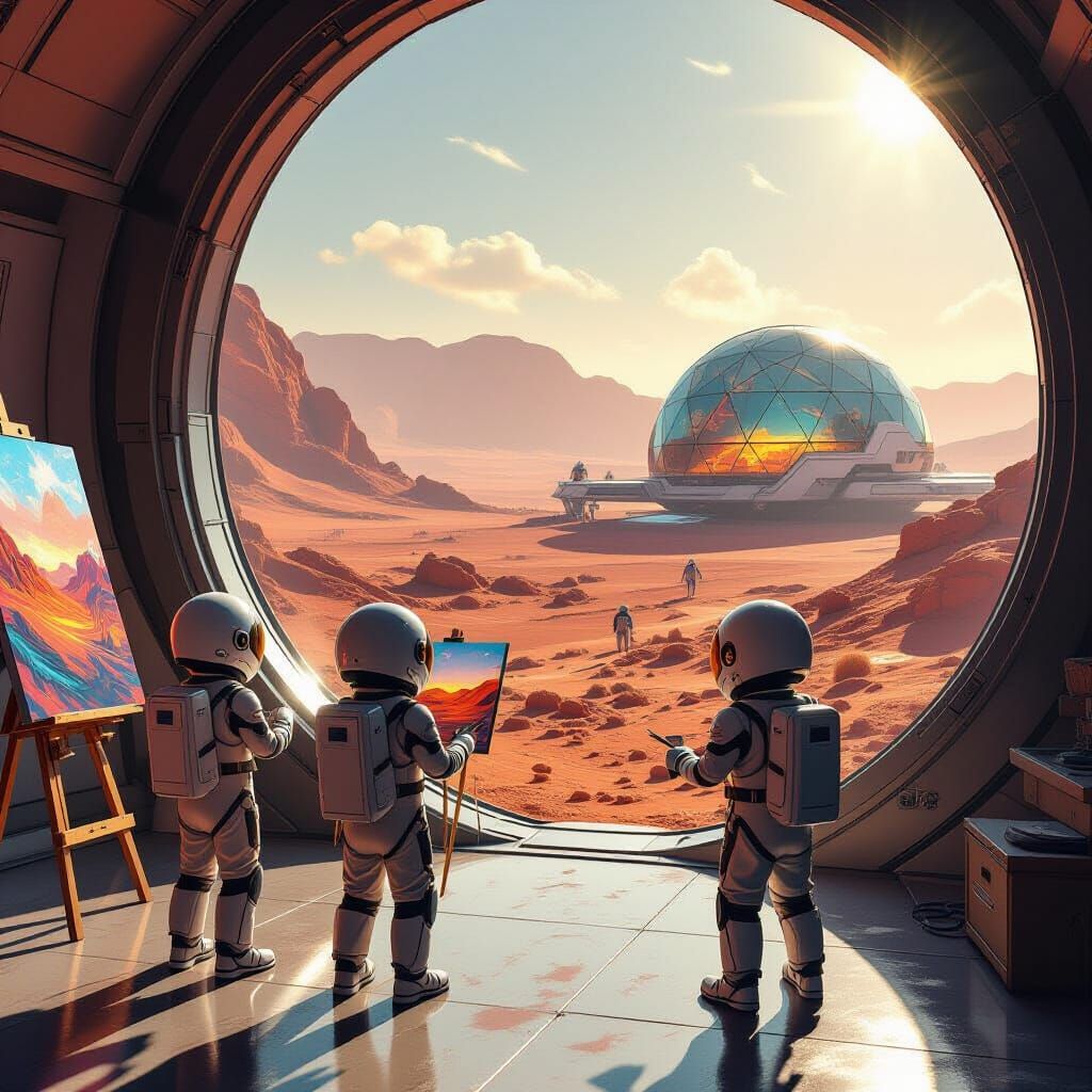 Children Play on Mars Colony, Artist Paints Landscape