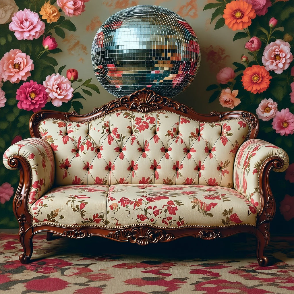 Wolf on Victorian Couch with Disco Ball, Art Nouveau Style