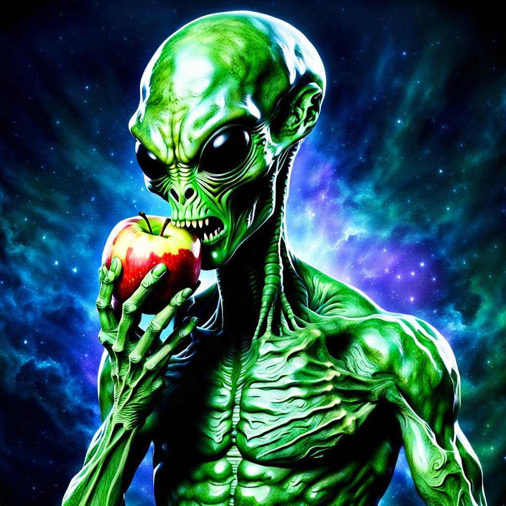 Strange Alien Eating an Apple