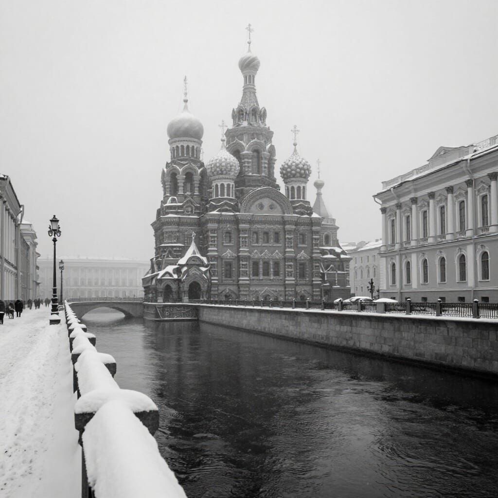 Gloomy St Petersburg Square in Heavy Snow and Fog