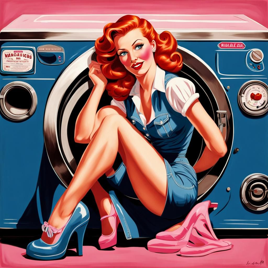 Redhead Pinup Girl on Washing Machine in 1940s Style
