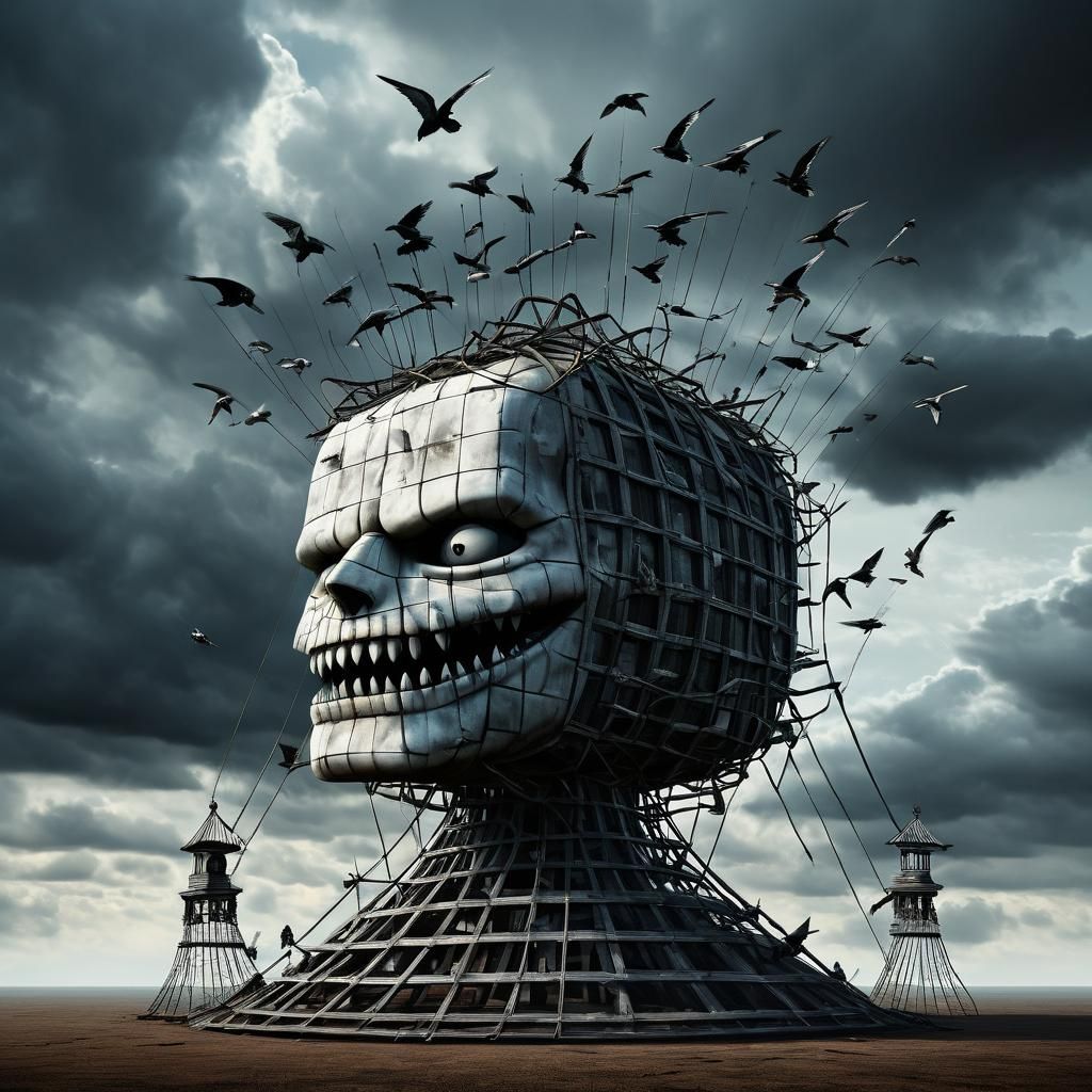 Surreal Checkered Head Watchman with Birds