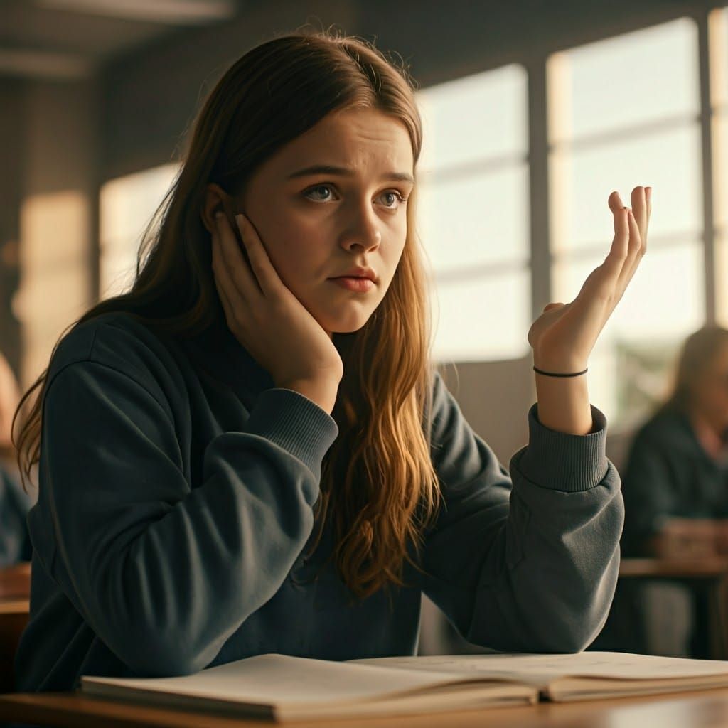 Teenager's Ambivalent Gesture in Hyperrealistic Classroom