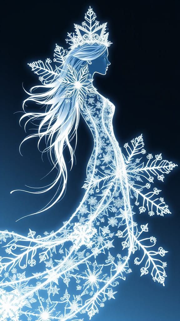 Ethereal Snowflake Princess with Frosty Hair in Ornate Lace....