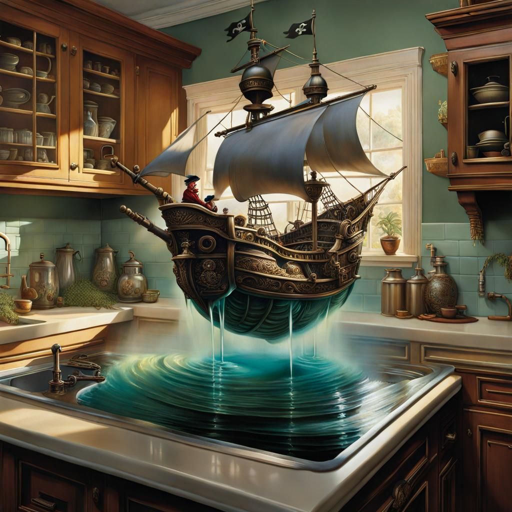 Pirate Ship Sails High Dishwater Seas