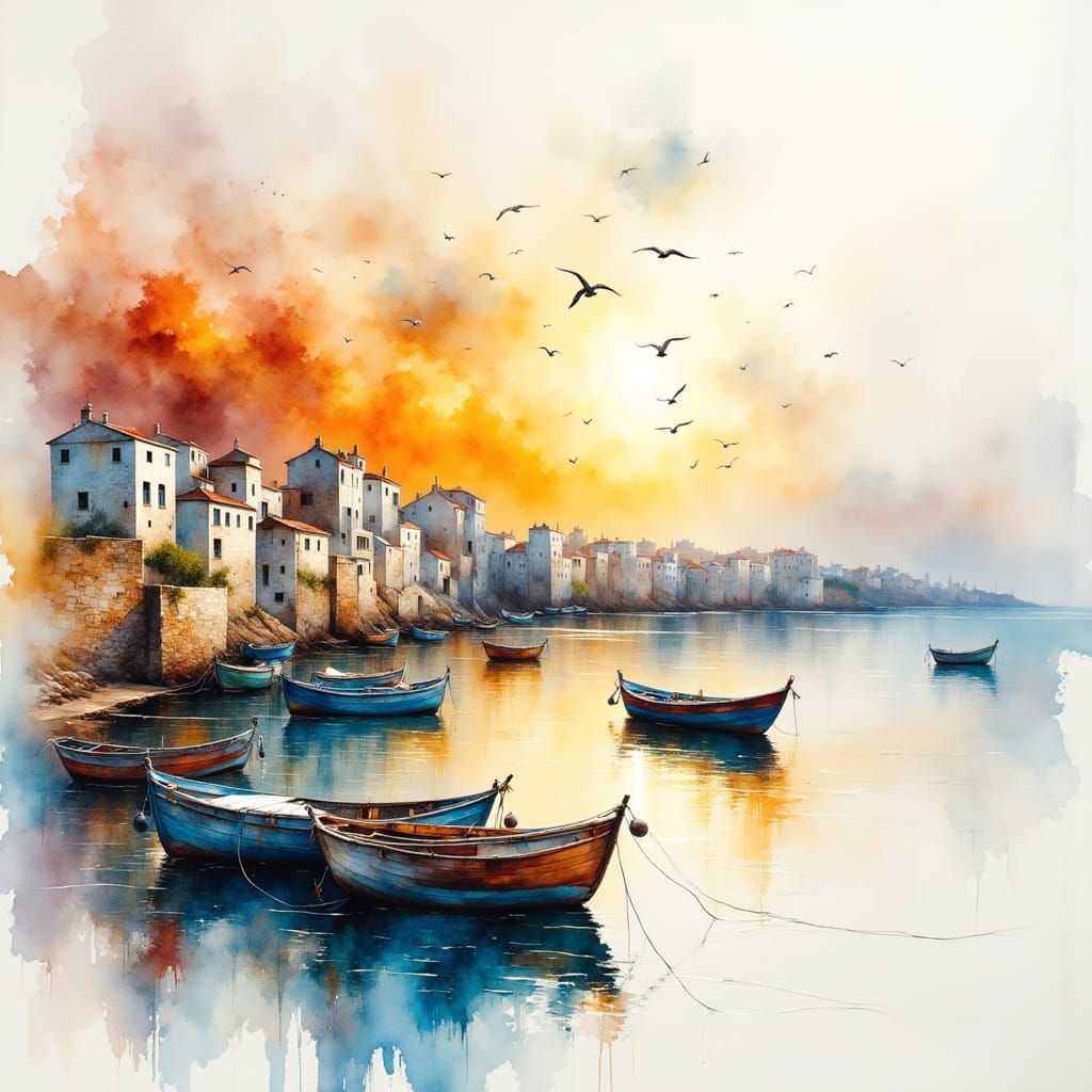 Jaffa Port at Dawn: Watercolor Painting