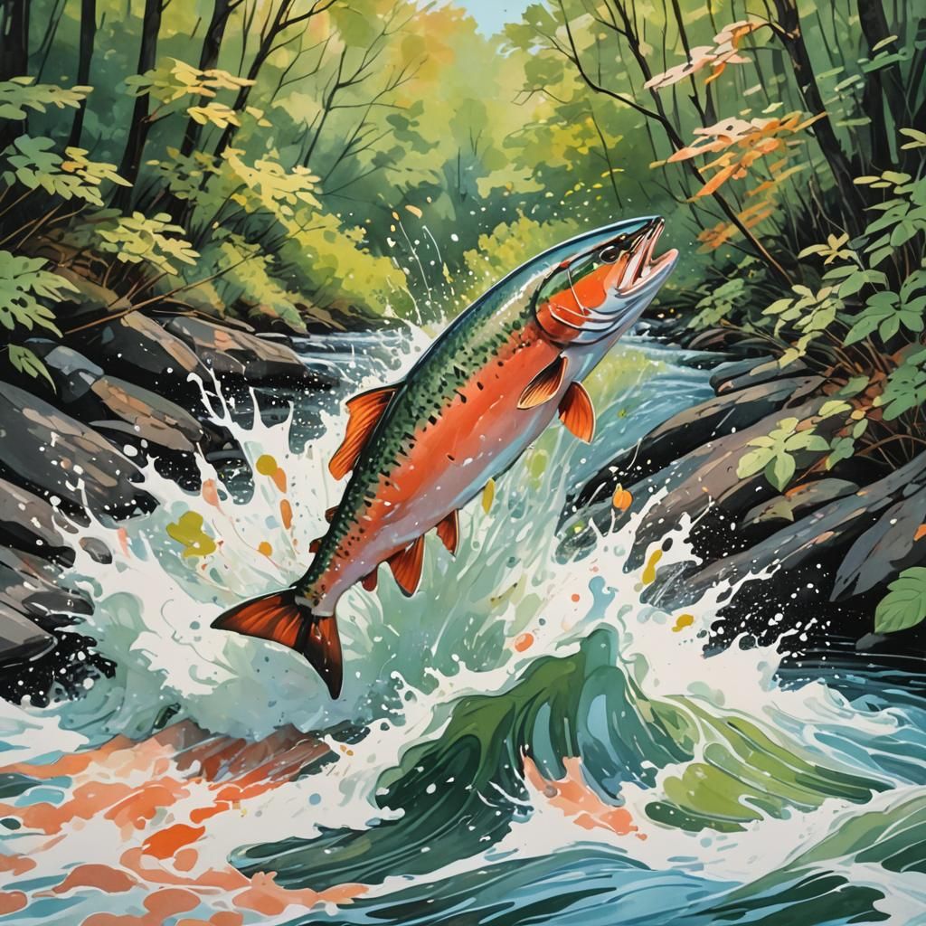 Salmon Leap: Vibrant Splatter Ink River Scene