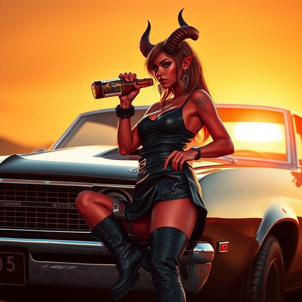 Demon Girl on Muscle Car in Photorealistic Style