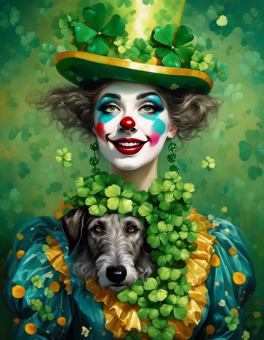 St. Patrick's Day Clown (Irish Wolfhound not to scale)