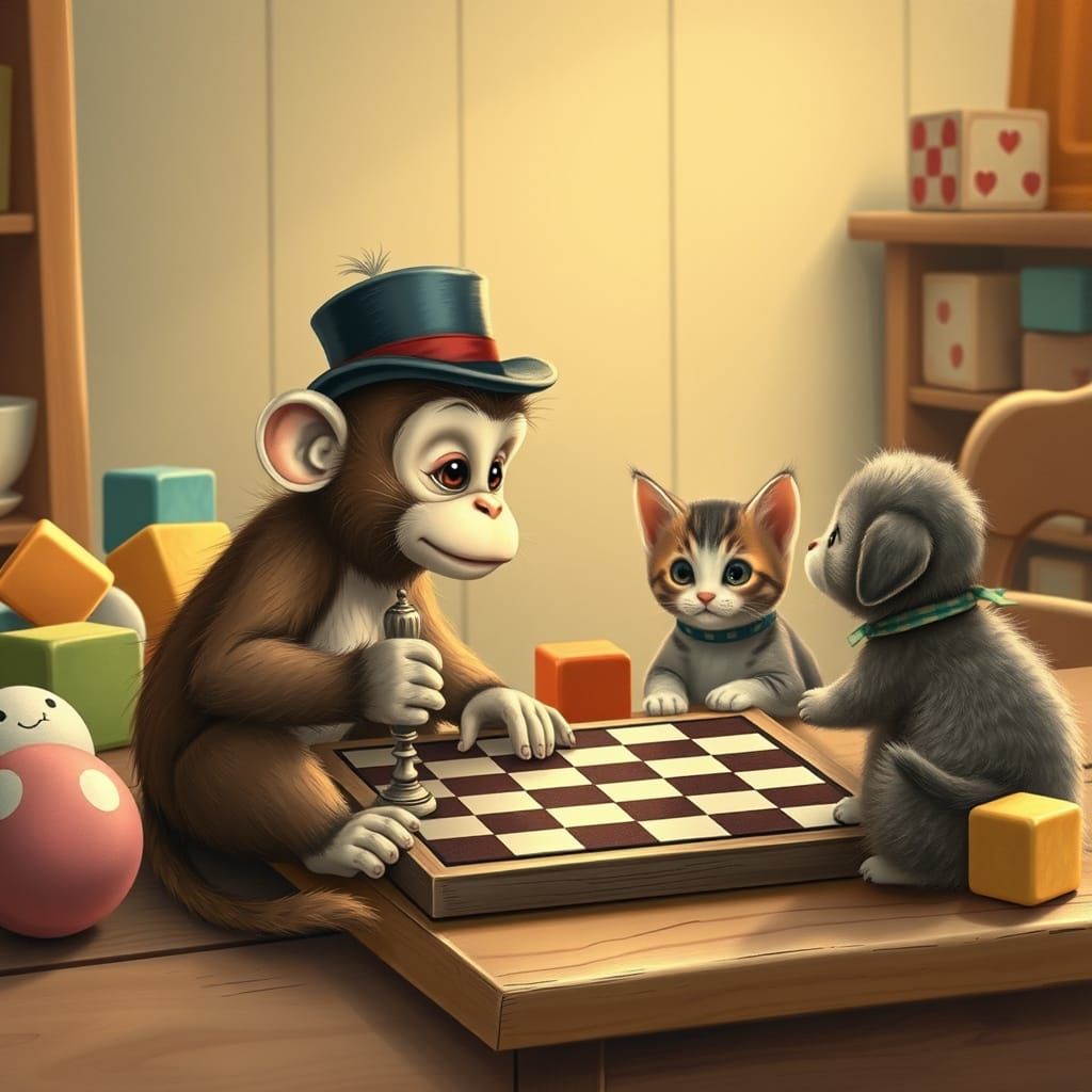 Whimsical Creatures Play Checkers in Cozy Woodland Setting