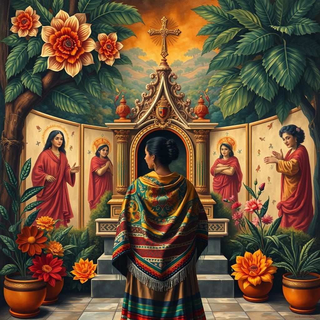 Mexican Figure at Altar in Rivera-esque Fresco Style