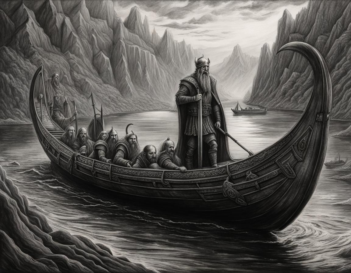 Charon's Viking Longboat: A Charcoal Drawing