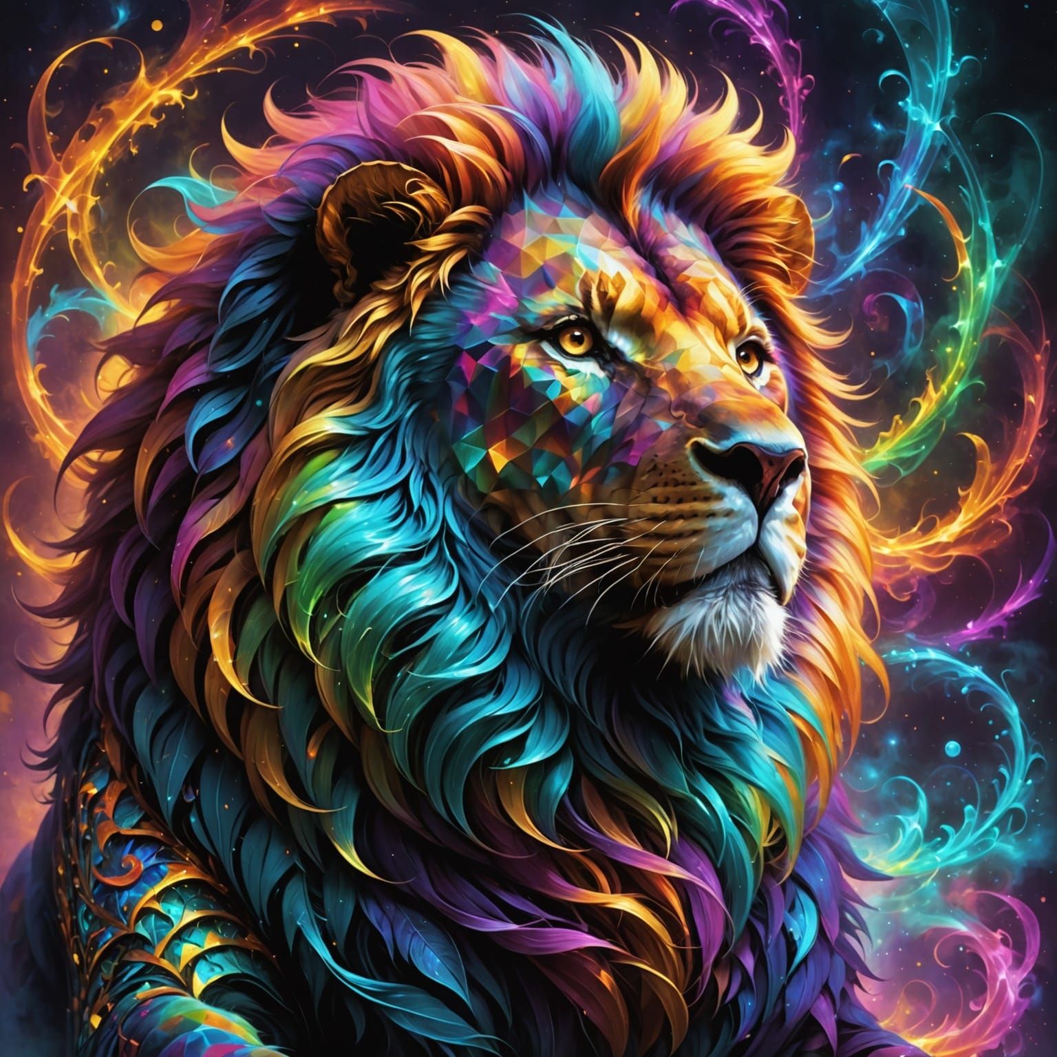 Surreal Lion of Flame and Light in an Ethereal Fantasy Realm