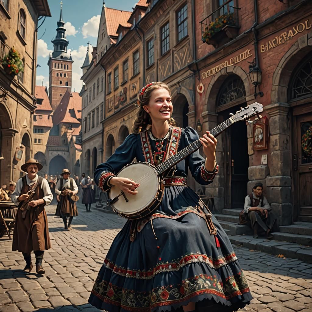 Polish Woman Plays Banjo in Kraków: Detailed Matte Painting