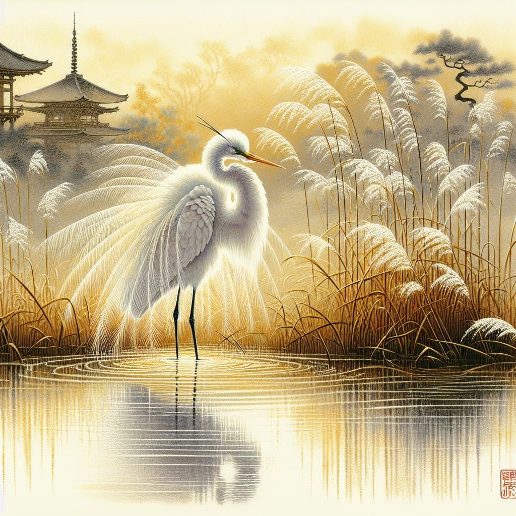 Ethereal Morning Great Egret in Soft Watercolor Style