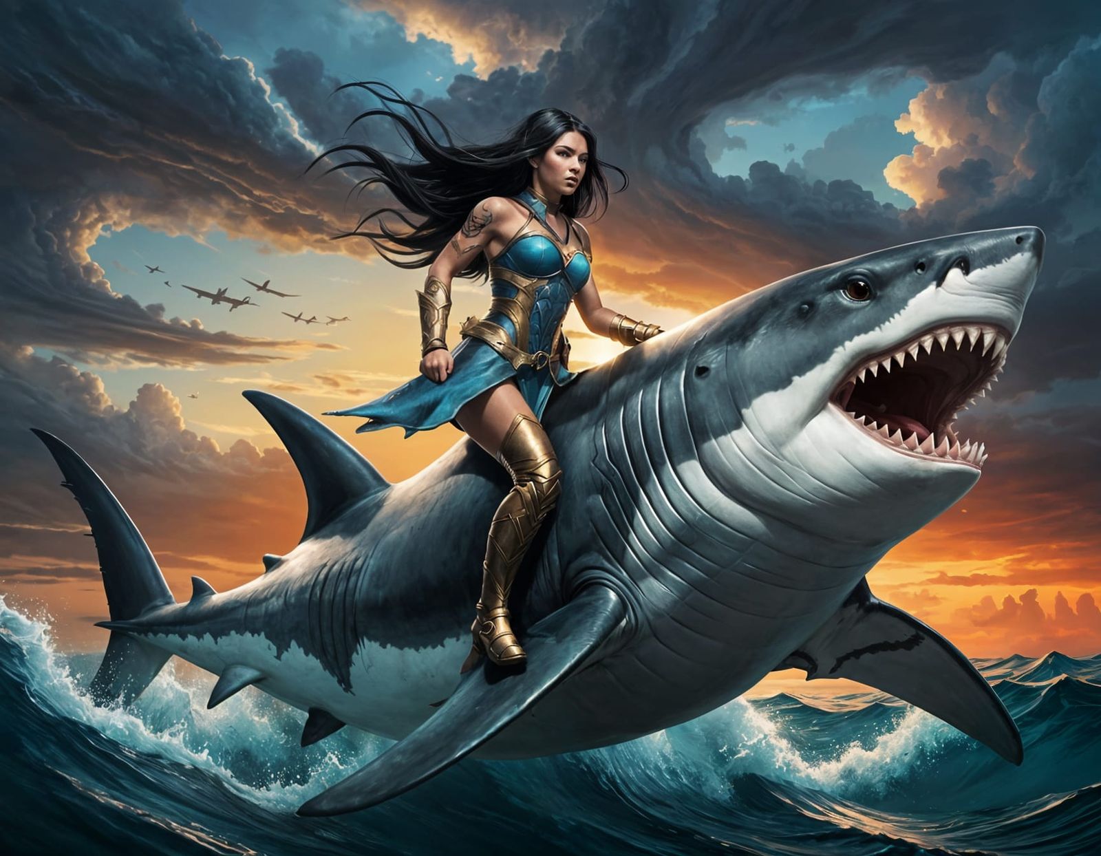 Warrior Princess Rides Giant Shark Under Sunset Sky