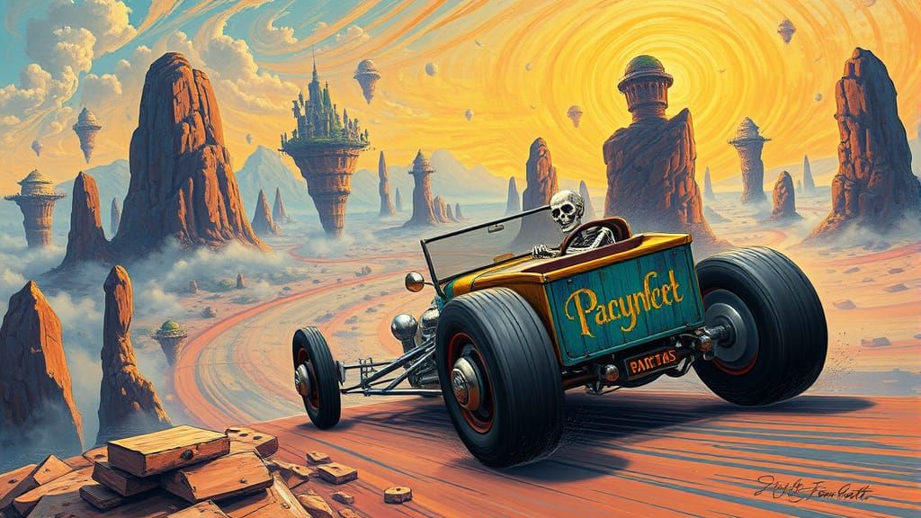 Skeleton Driver Races Through Dreamscape, Roth Style