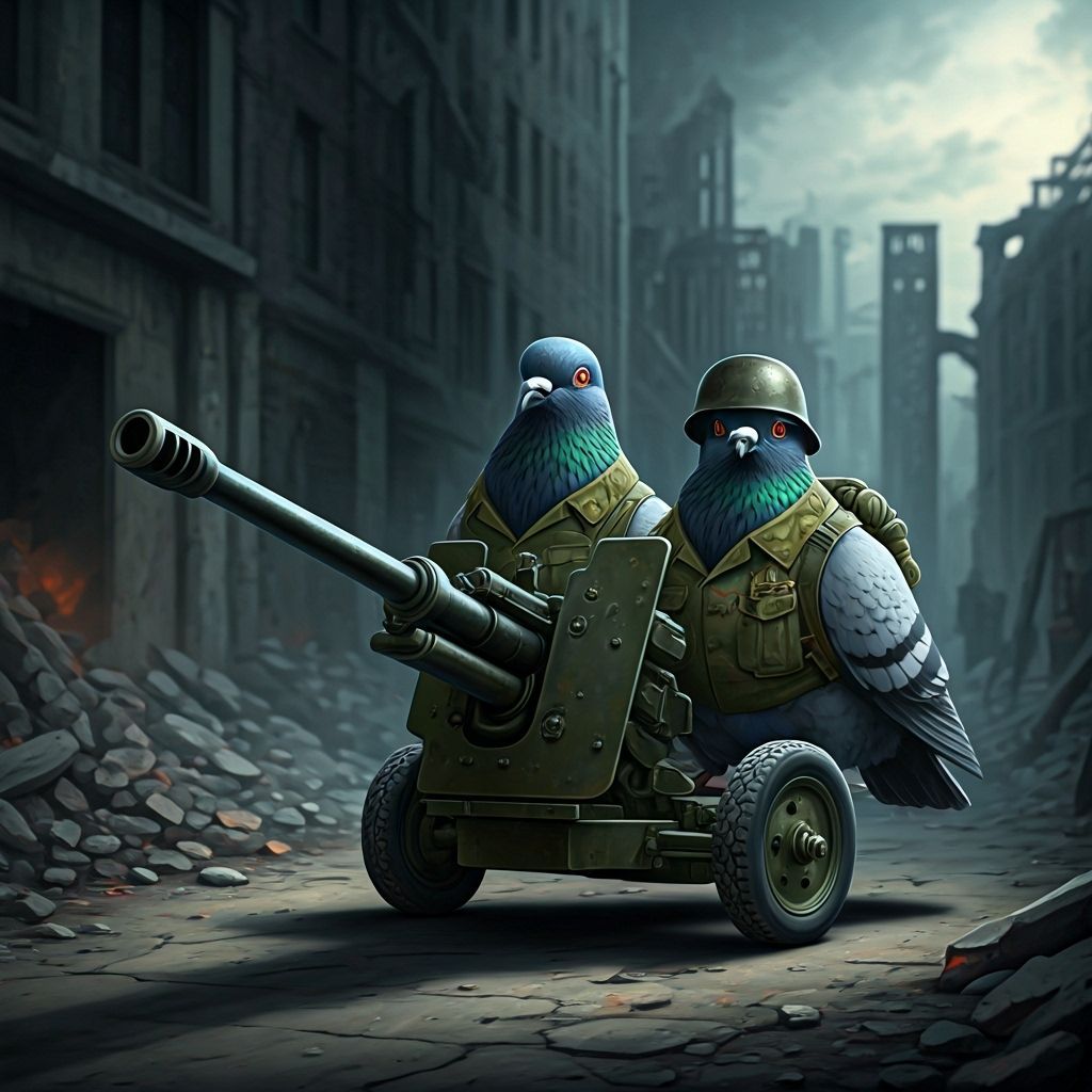 Pigeons in Military Attire Firing Flak Cannon