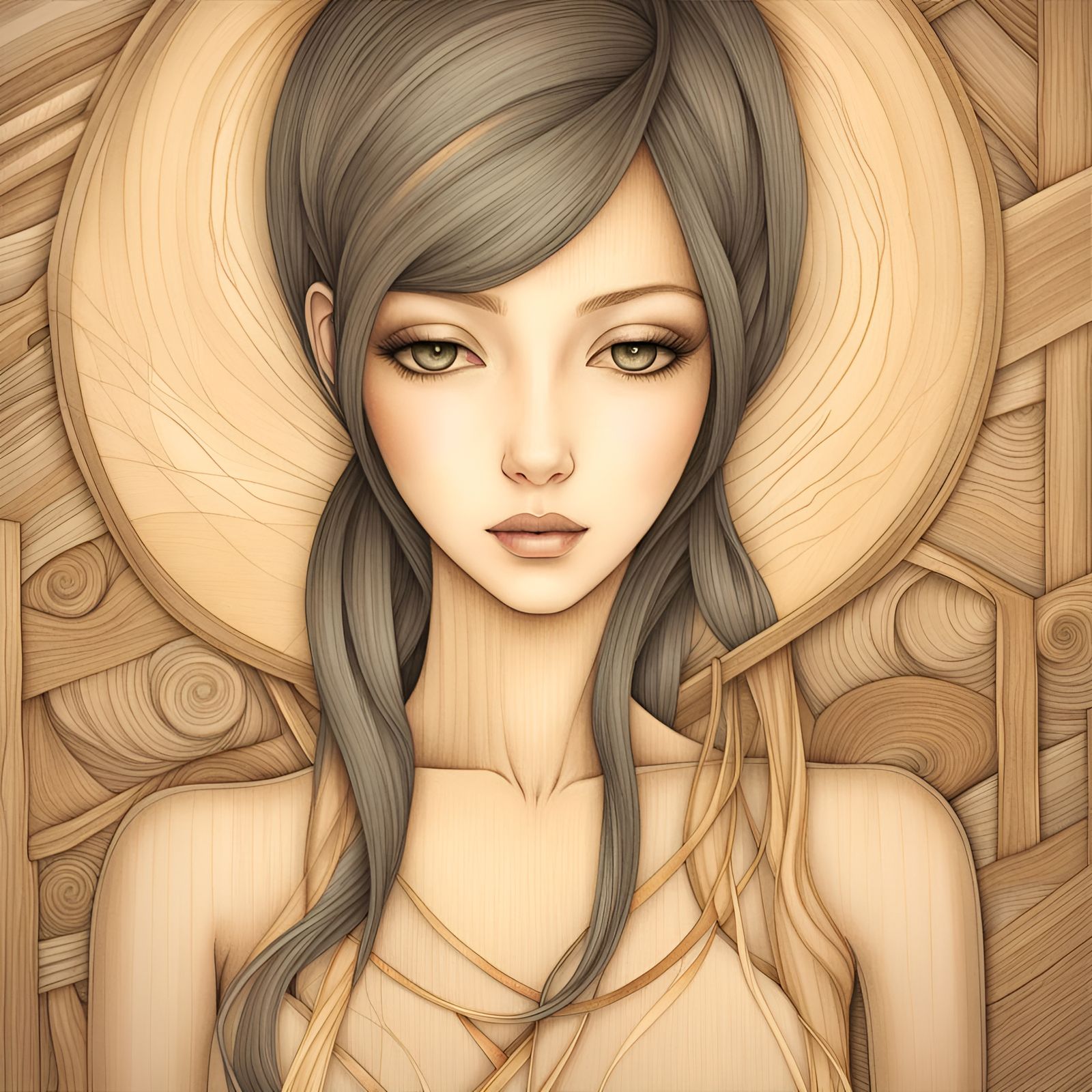 Erotic Anime Woman with Wooden Grain Background
