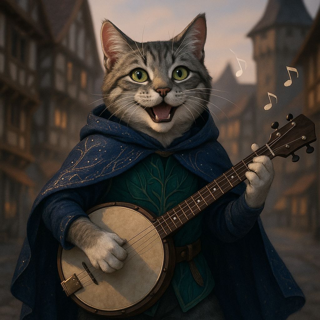 Surreal Fantasy Tabaxi Bard Plays Banjo Under Moonlight