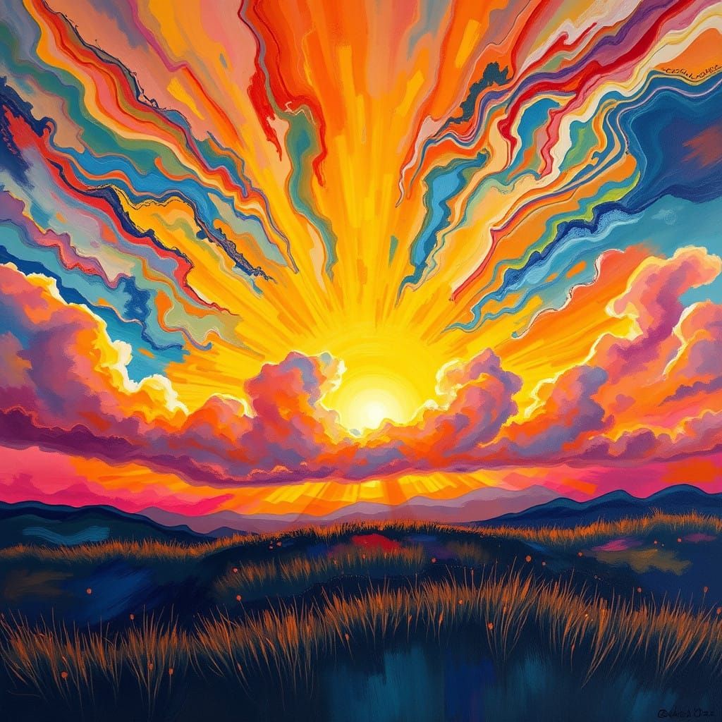 Vibrant Dreamlike Sunset with Swirling Clouds