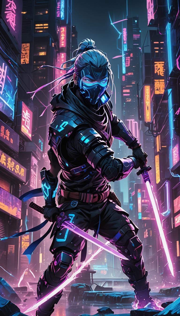 Cyberpunk Ninja Warrior with Ice Arms