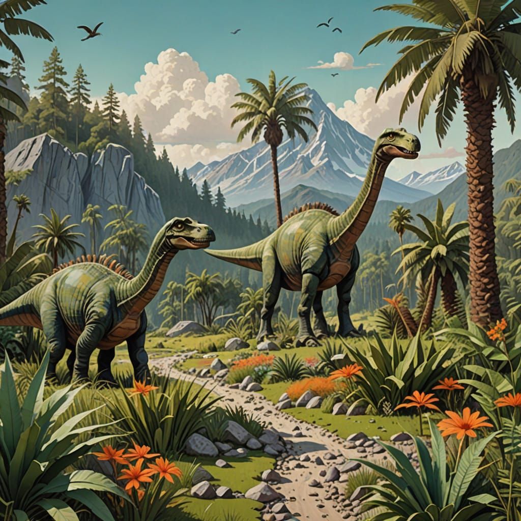 Mesozoic Landscape with Diplodocus in Mixed-Media Collage