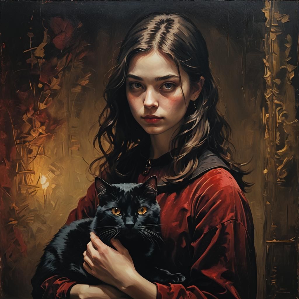 Girl with Black Cat in Rembrandt-Inspired Oil Painting