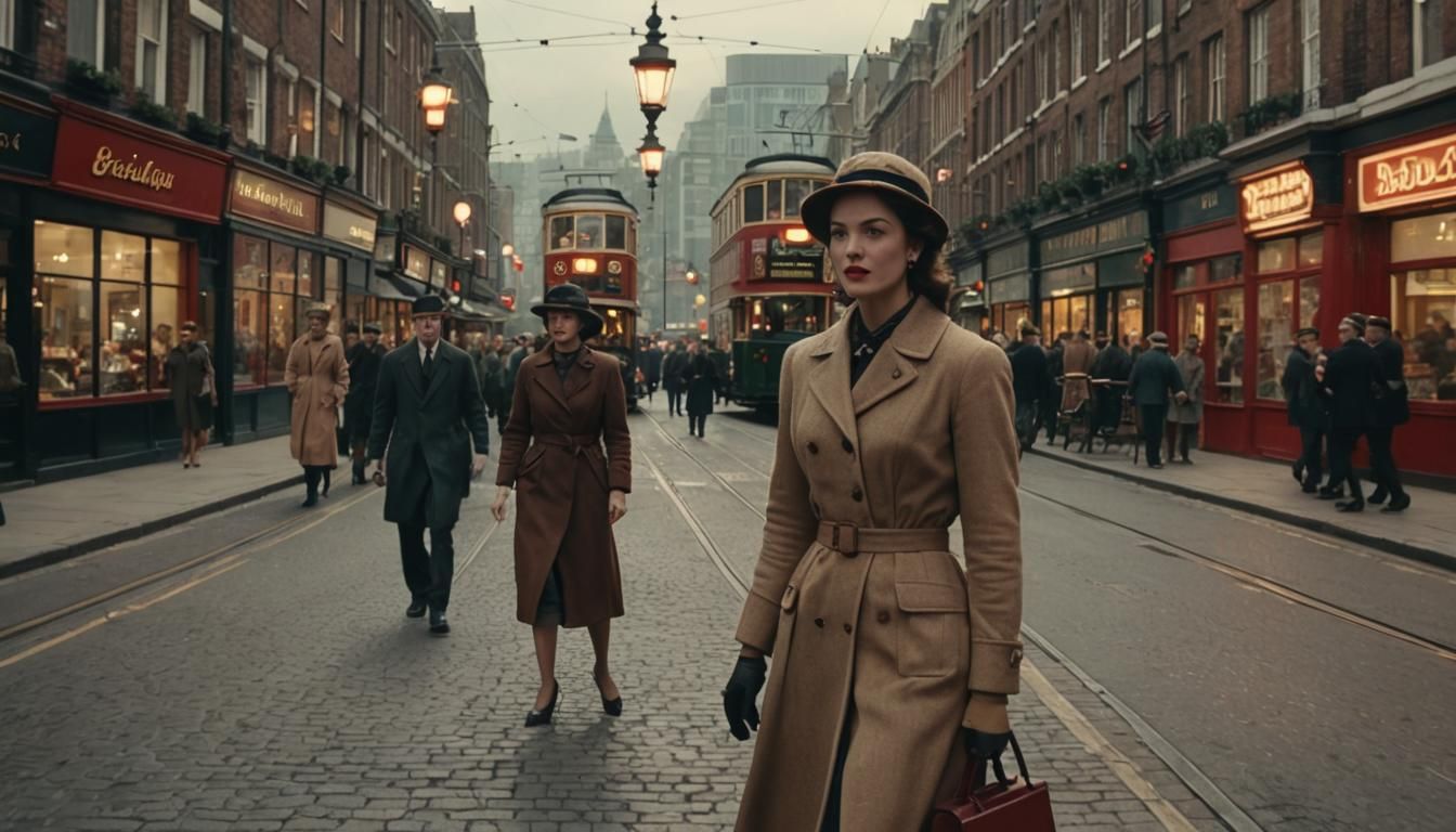 1950s British High Street with Red Double Decker Tram