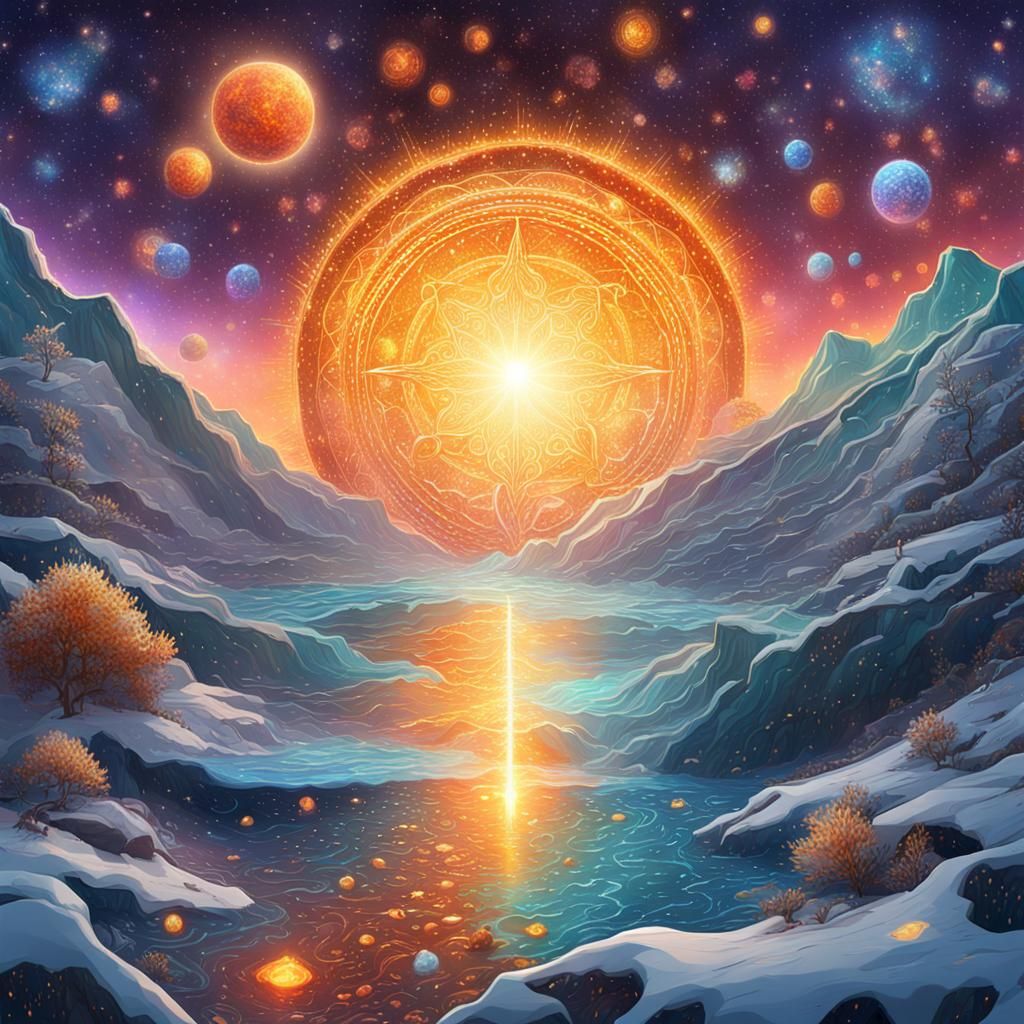 Sunset Snowfall: Holographic Cosmic Mixed Media Art