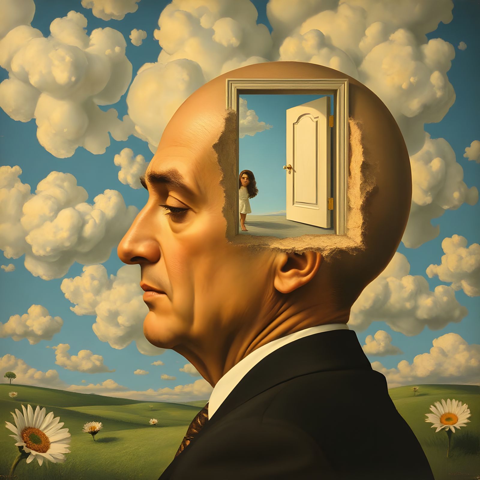 Surreal Man with Doorway in Head, Woman Inside